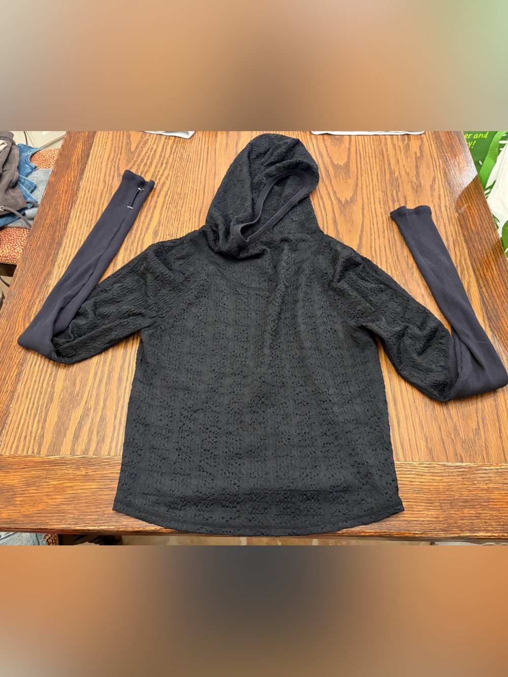 Free People Black Hooded Pointelle Knit Sweater